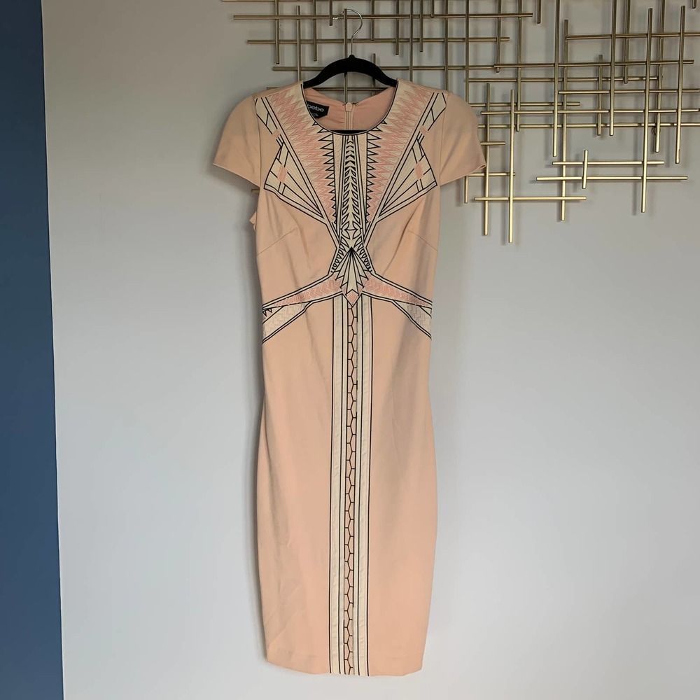 Vintage Bebe Blush Pink Embroidered Art Deco Geometric Pencil Dress Size XS